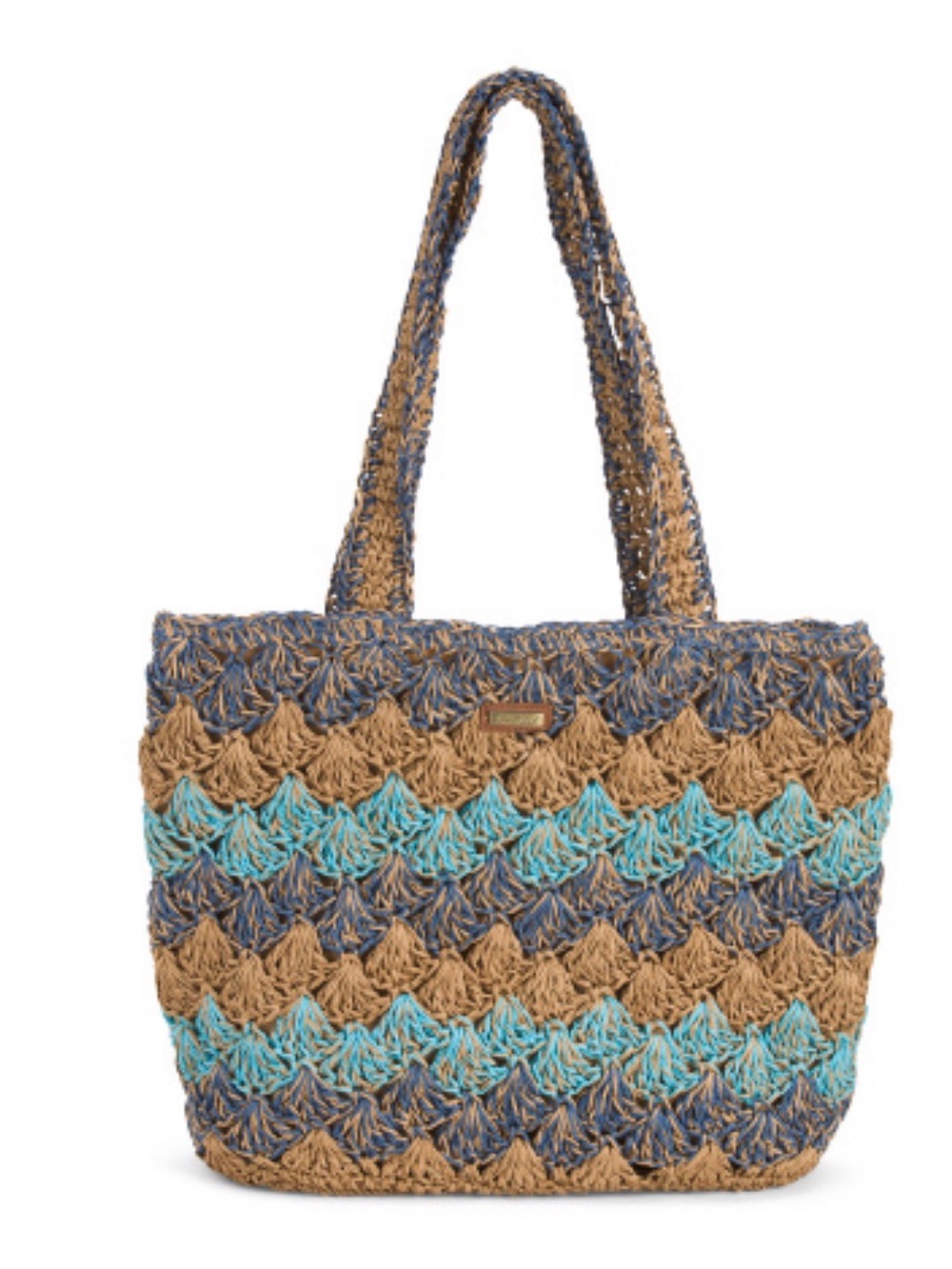Sun and sand Crochet Straw Tote Bag in Blue Tan & Aqua